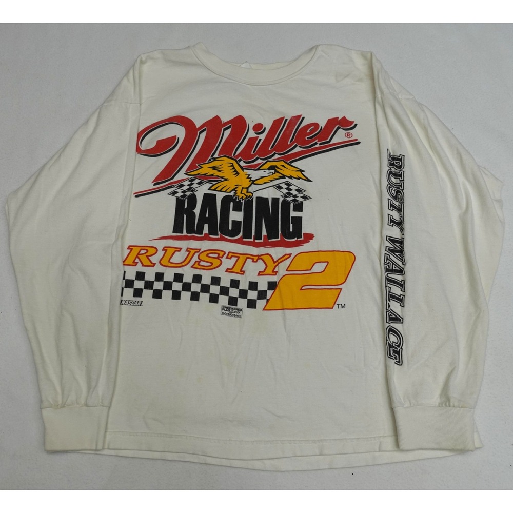 Rusty Wallace Miller Nascar White Long Sleeve Shirt Size M Checkered Flag Sports